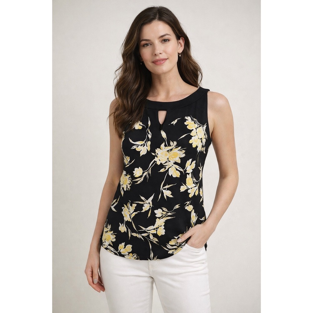 White House Black Market Yellow Floral Keyhole Matte Jersey Tank Top Small